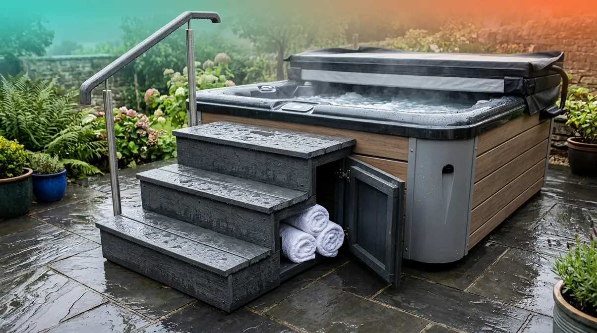 Patio Hot Tub Ideas UK: 6 Best Accessories (2025) 7 Heavy-duty non-slip hot tub entry steps with built-in storage on a wet UK patio