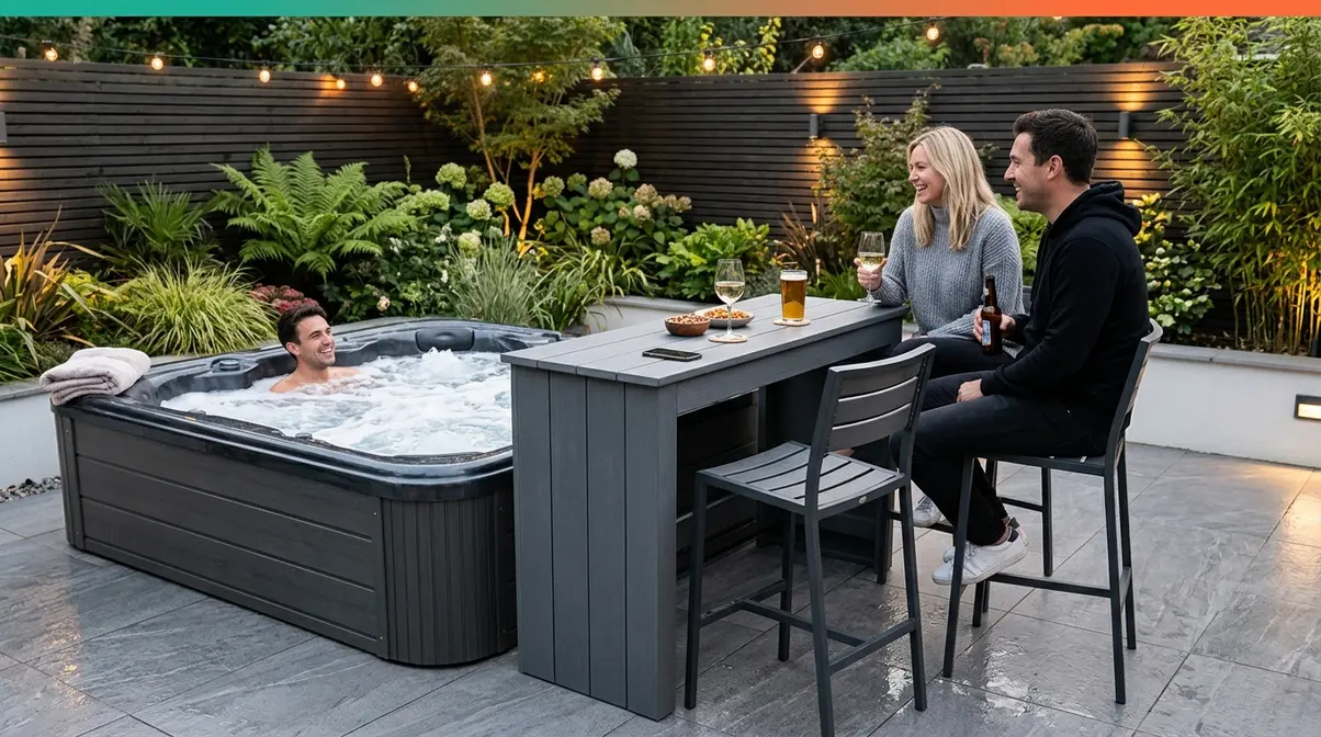 Patio Hot Tub Ideas UK: 6 Best Accessories (2025) 9 Deep grey hot tub bar set with two barstools on a modern UK patio garden