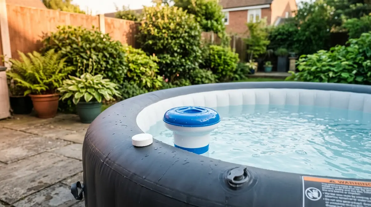 Patio Hot Tub Ideas UK: 6 Best Accessories (2025) 17 Compact mini chlorine dispenser floating in an inflatable hot tub on a UK garden patio