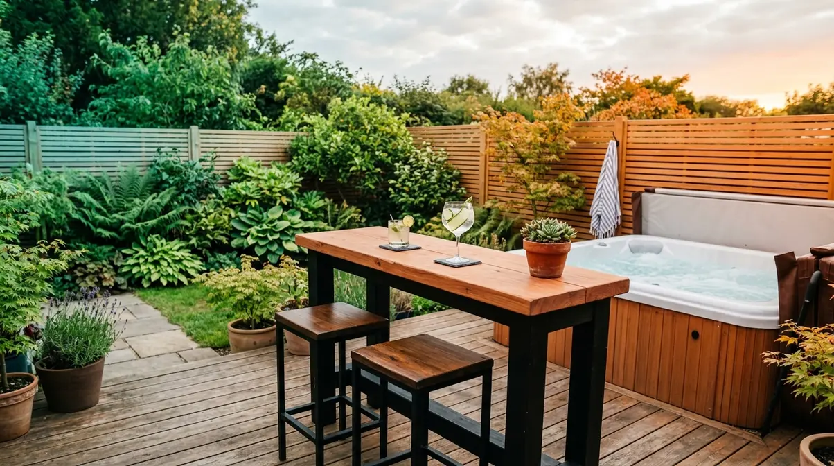 Patio Hot Tub Ideas UK: 6 Best Accessories (2025) 13 Redwood single bar set with barstools beside a hot tub on a timber UK garden deck