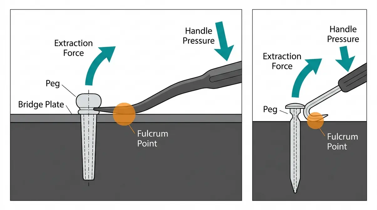Peg remover tool lever principle diagram showing fulcrum contact point and upward extraction force direction