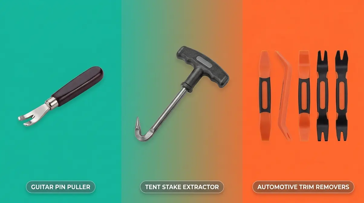 Three peg remover tool types compared: guitar bridge pin puller, tent stake extractor, and nylon car trim tool set