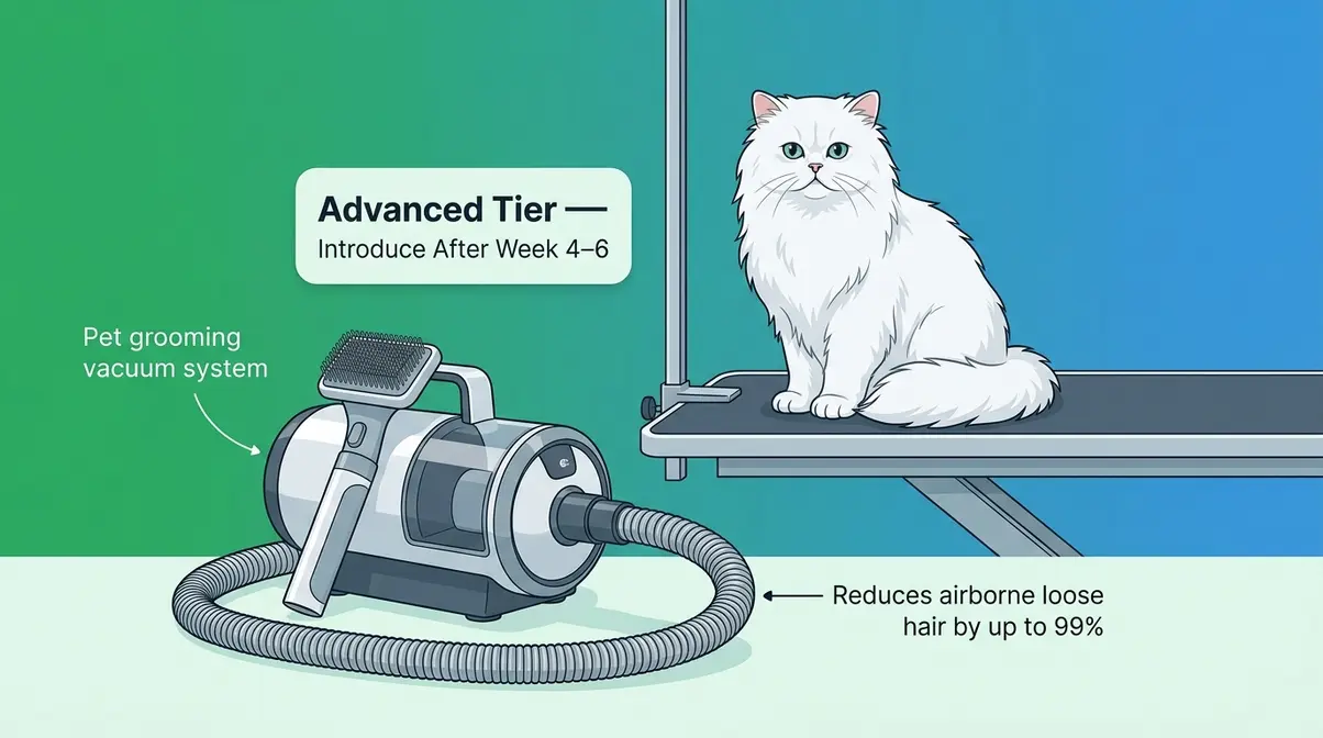 Advanced tier pet grooming vacuum system for Persian cats showing brush attachment and vacuum unit connection