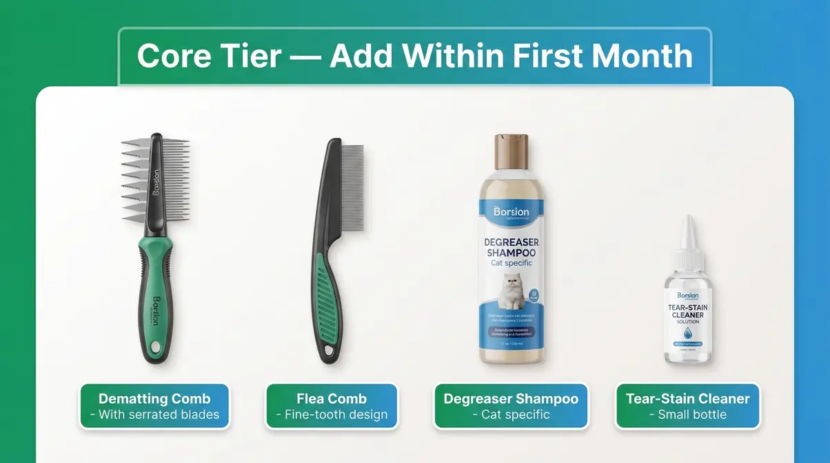 Core tier Persian cat grooming tools including dematting comb, flea comb, degreaser shampoo, and tear-stain cleaner