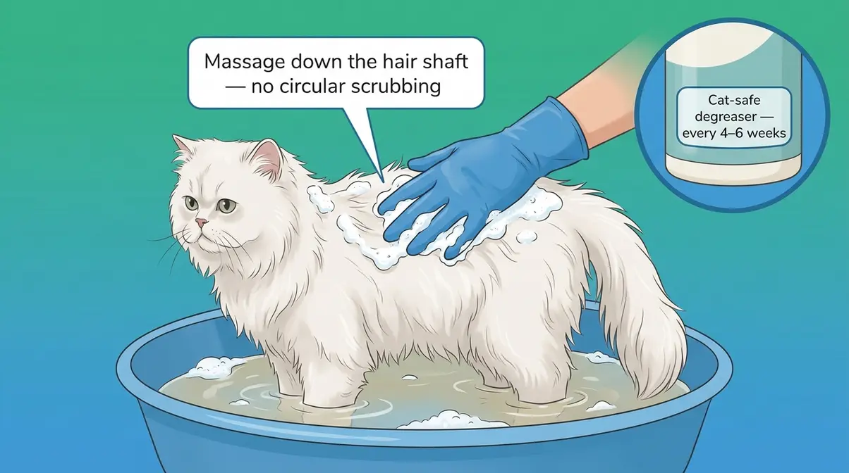 Persian cat being bathed with degreaser shampoo showing correct application technique massaging down hair shaft