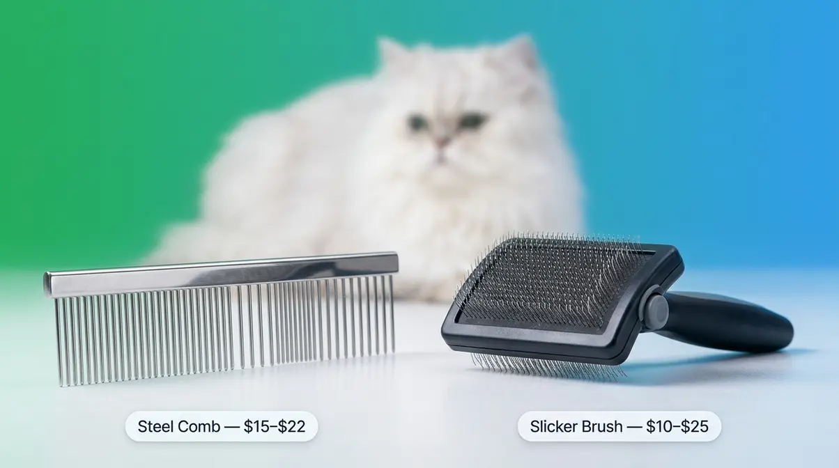 Foundation tier Persian cat grooming tools showing wide-tooth steel comb and slicker brush side by side