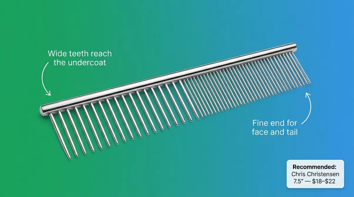 Wide-tooth steel Greyhound comb for Persian cats showing dual-density tine sections for undercoat and topcoat