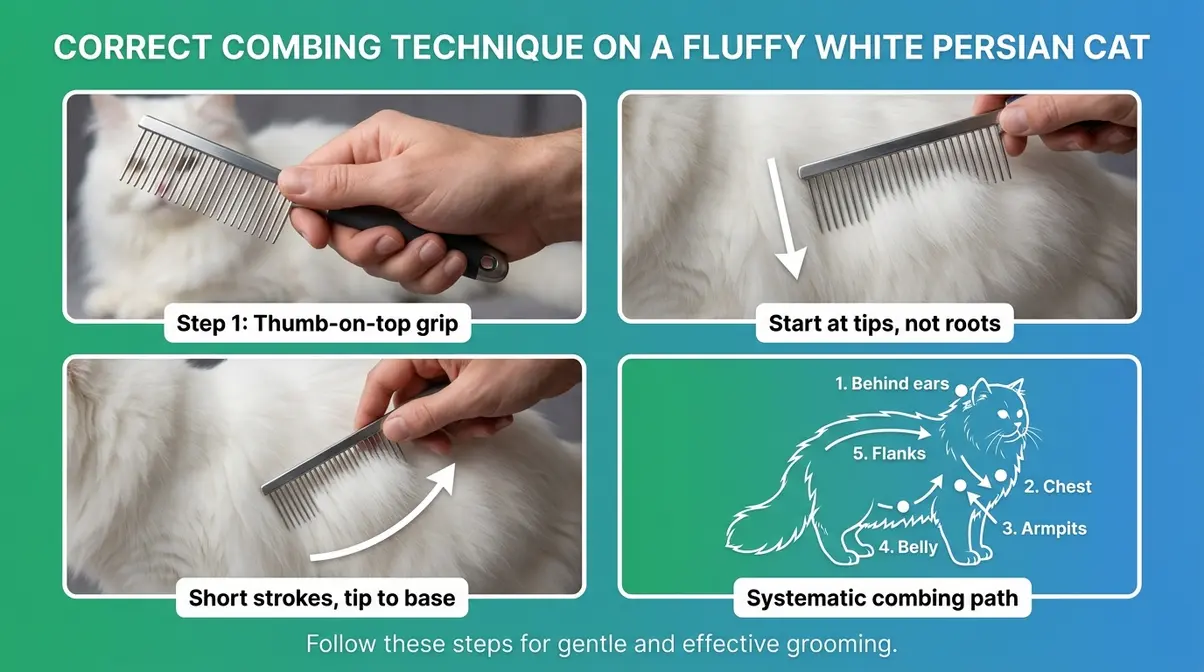 Correct technique for combing a Persian cat's coat using a wide-tooth steel comb showing tip-to-base stroke direction