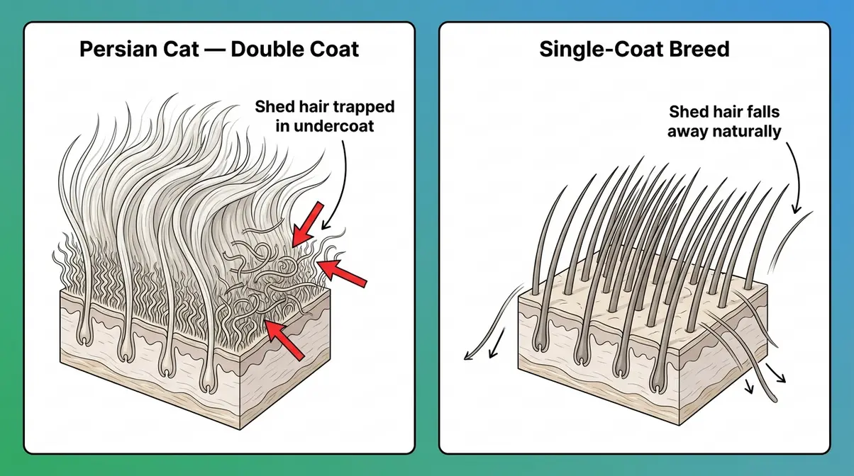 Diagram showing Persian cat double coat structure compared to single coat breed with trapped shed hair illustrated