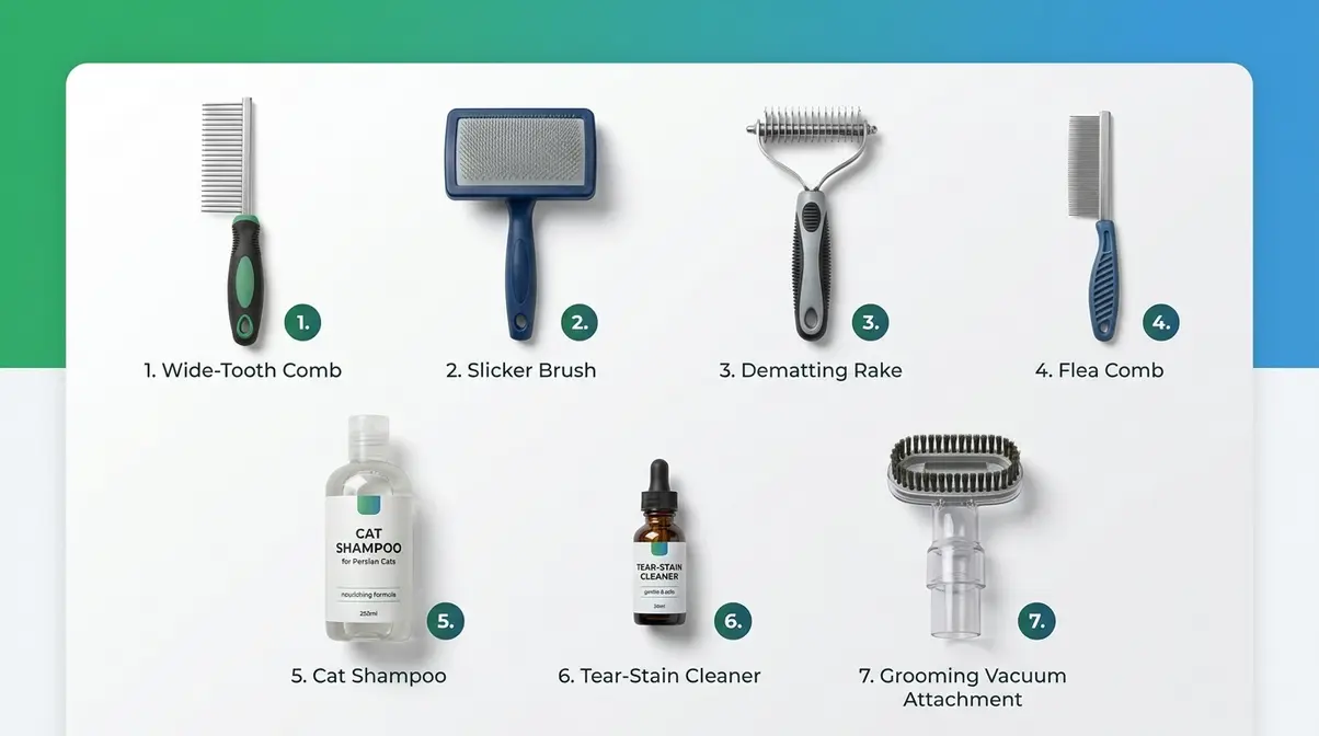 Seven essential Persian cat grooming tools arranged in a flat-lay comparison including comb, brush, dematting rake, and shampoo