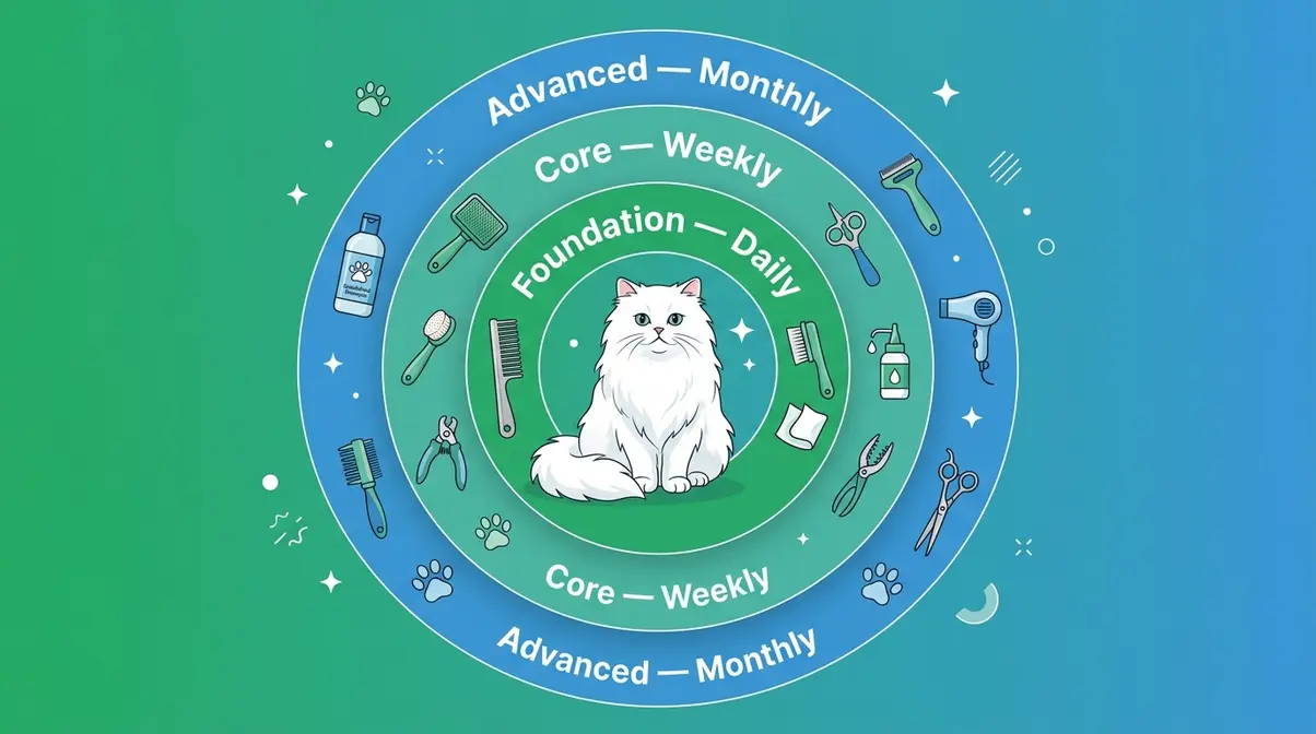 Persian cat grooming pyramid framework showing three tiers of essential tools for beginner Persian cat owners