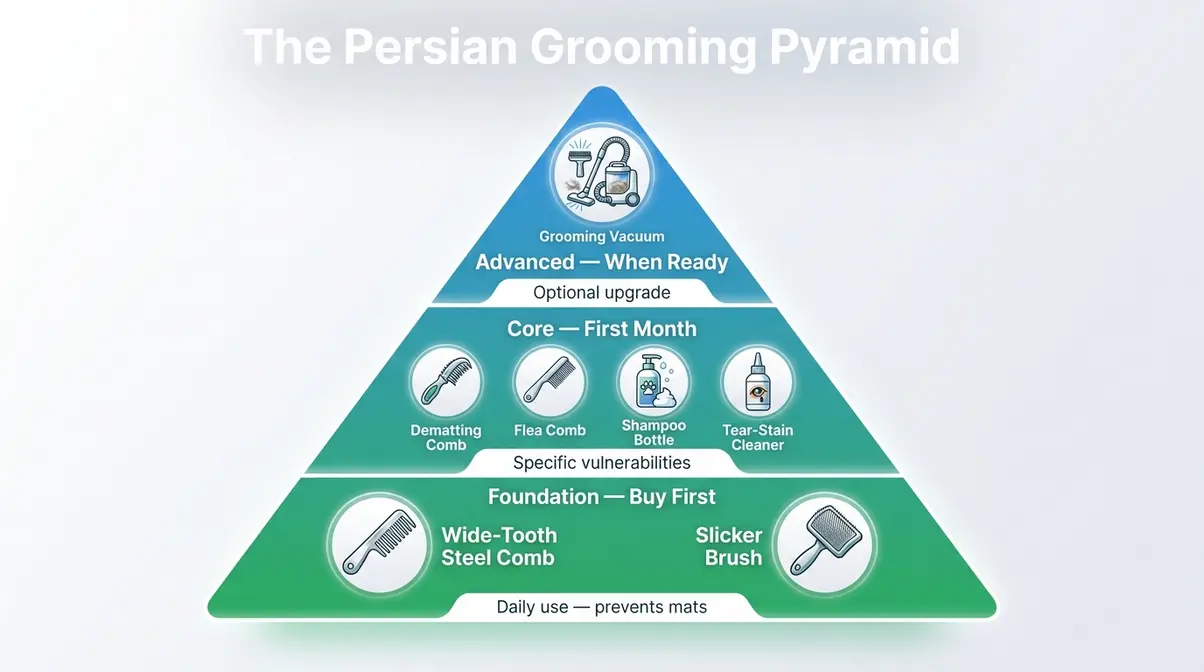 Persian cat grooming supplies pyramid framework showing Foundation, Core, and Advanced tool priority tiers