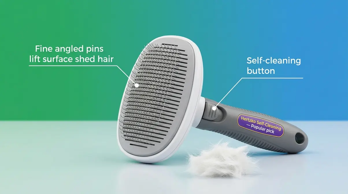 Self-cleaning slicker brush for Persian cat grooming showing fine angled wire pins and retractable cleaning button