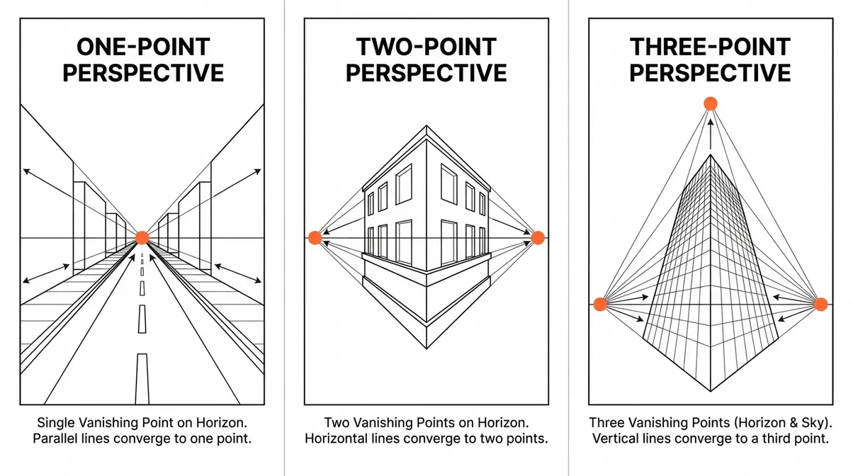 Diagram comparing one-point two-point and three-point linear perspective vanishing points in photography
