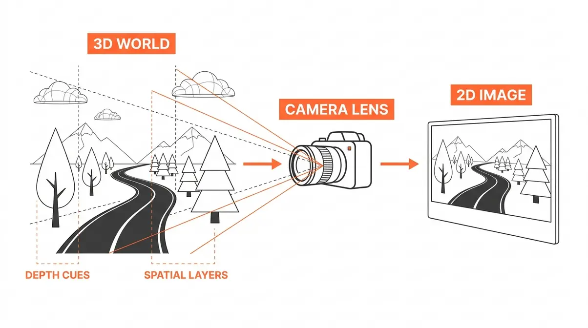 Diagram showing how a three-dimensional scene is translated into a flat two-dimensional photograph through the camera lens
