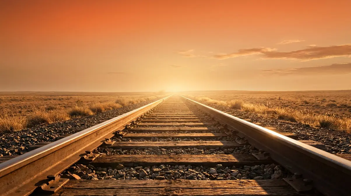 Railway tracks converging to a single vanishing point on the horizon demonstrating one-point linear perspective in photography