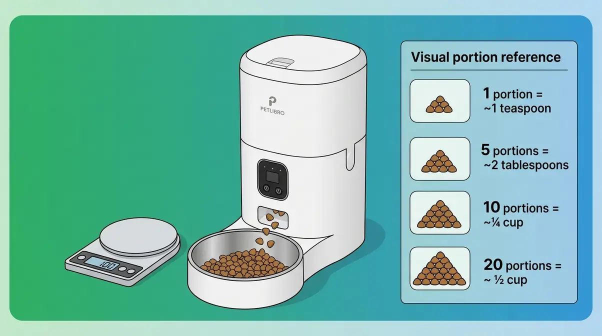 Petlibro feeder portion size reference showing teaspoon to half-cup measurements for kibble dispensing