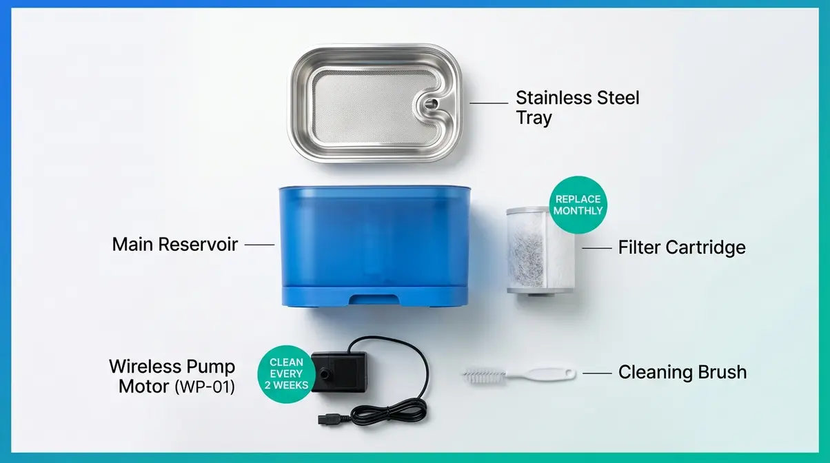 Disassembled cat water fountain components showing filter cartridge, pump, and stainless steel tray for cleaning