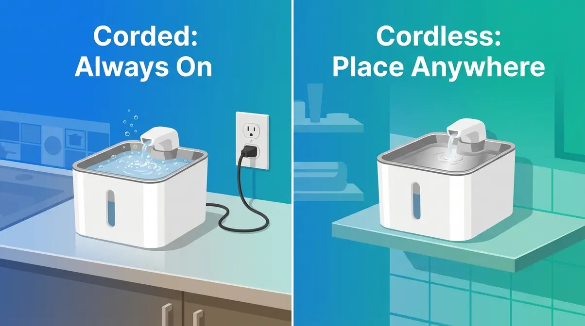 Side-by-side comparison of corded versus cordless cat water fountain placement options at home