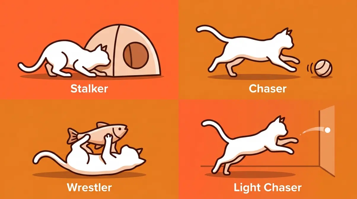 Buying guide illustration showing four cat play personalities: stalker, chaser, wrestler, and light chaser with matching toy types