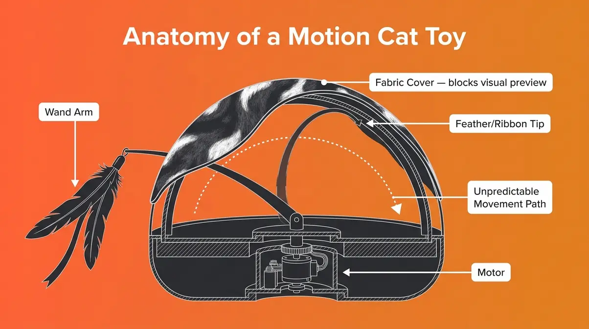 Diagram showing how a concealed-motion cat toy like the Petlinks Foxy Frenzy works internally with labeled motor and wand components