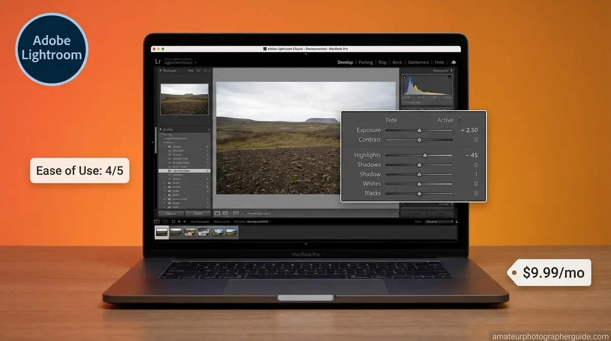 Adobe Lightroom Develop module showing slider controls rated 4 out of 5 for beginner ease of use