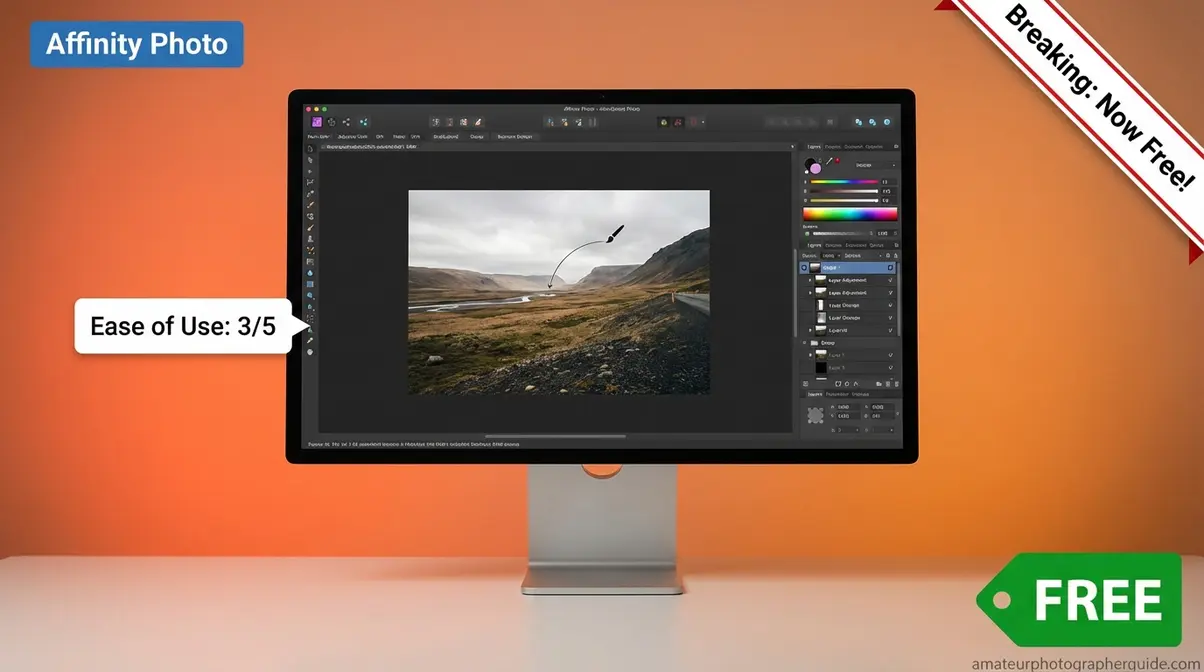 Affinity Photo desktop editing workspace with layers panel, now completely free for Mac and Windows users