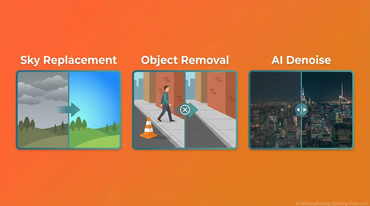 Three AI photo editing features — sky replacement, object removal, and denoise — illustrated side by side