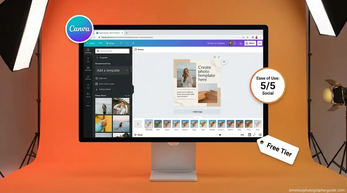Canva web editor showing social media template workspace rated 5 out of 5 for social media content creators