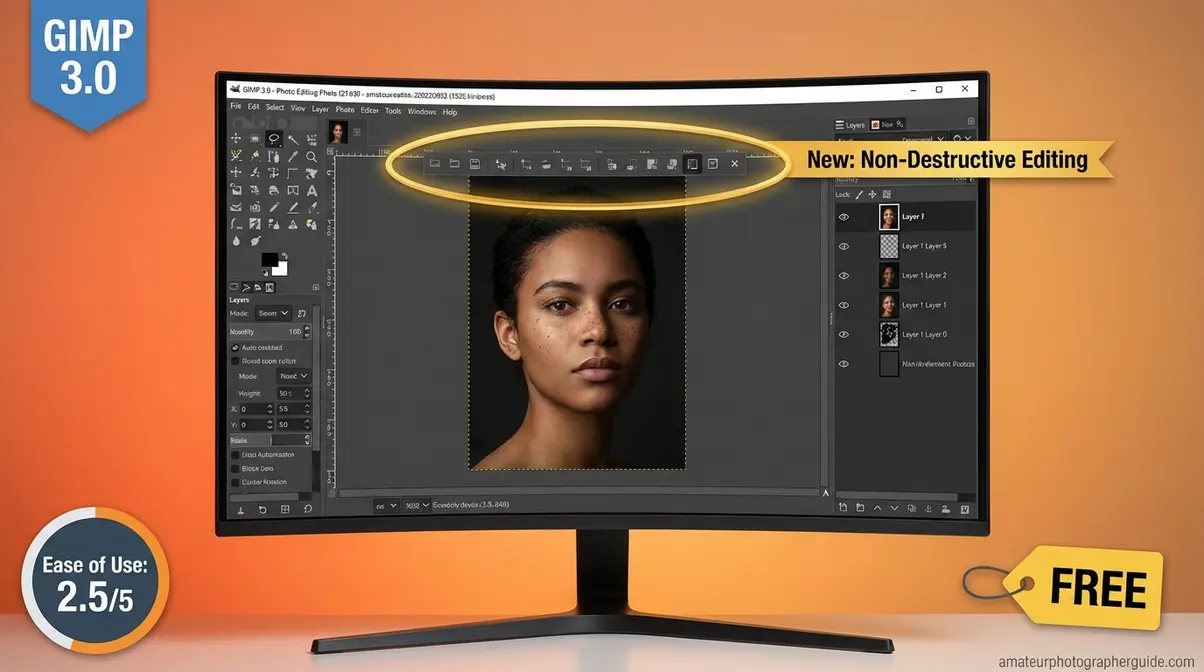 GIMP 3.0 editing workspace showing new non-destructive editing panel as a free Photoshop alternative