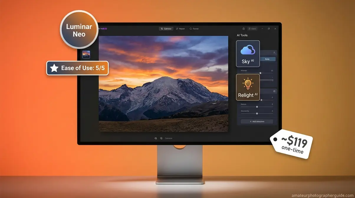 Luminar Neo AI editing workspace showing Sky AI and Relight AI tools rated 5 out of 5 for beginners