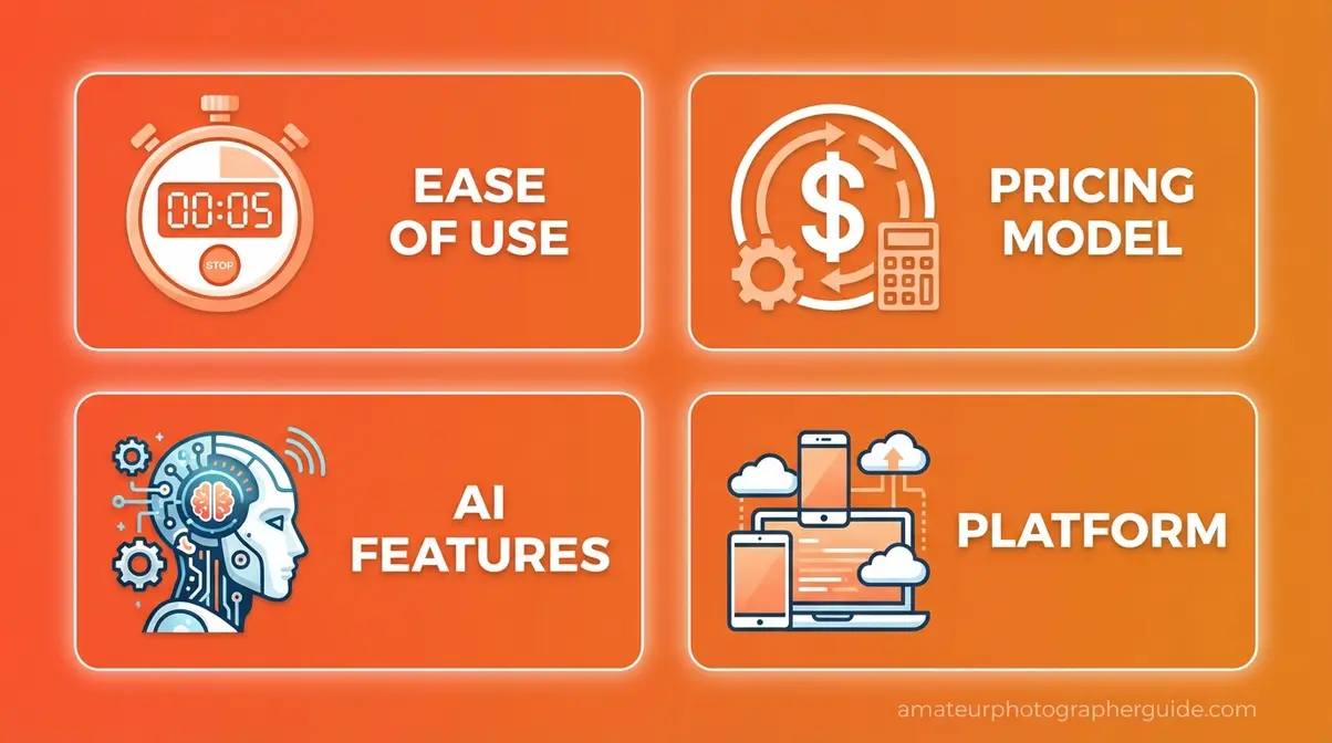 Four evaluation criteria icons for choosing beginner photo editing software on orange gradient background