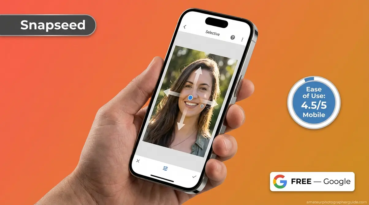 Snapseed mobile app showing selective adjust tool on smartphone screen rated 4.5 out of 5 for mobile beginners