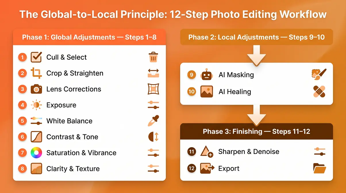 Step by step photo editing workflow diagram showing the Global-to-Local Principle across all 12 numbered editing stages