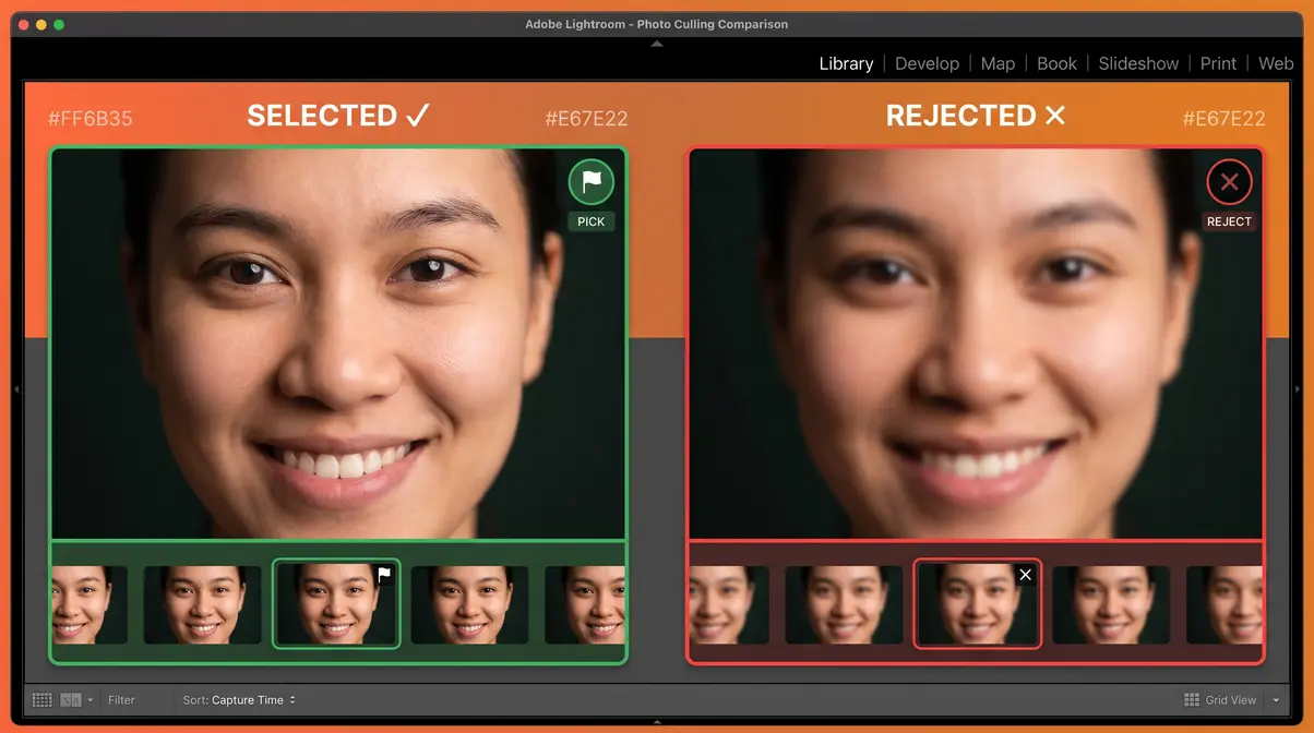 Side-by-side comparison of a sharp selected photo versus a blurry rejected frame during photo culling in Lightroom
