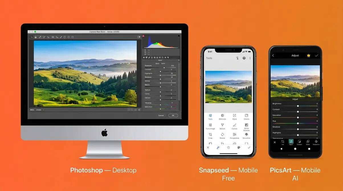 Three photo editing software interfaces — Photoshop on desktop, Snapseed and PicsArt on mobile — shown side by side