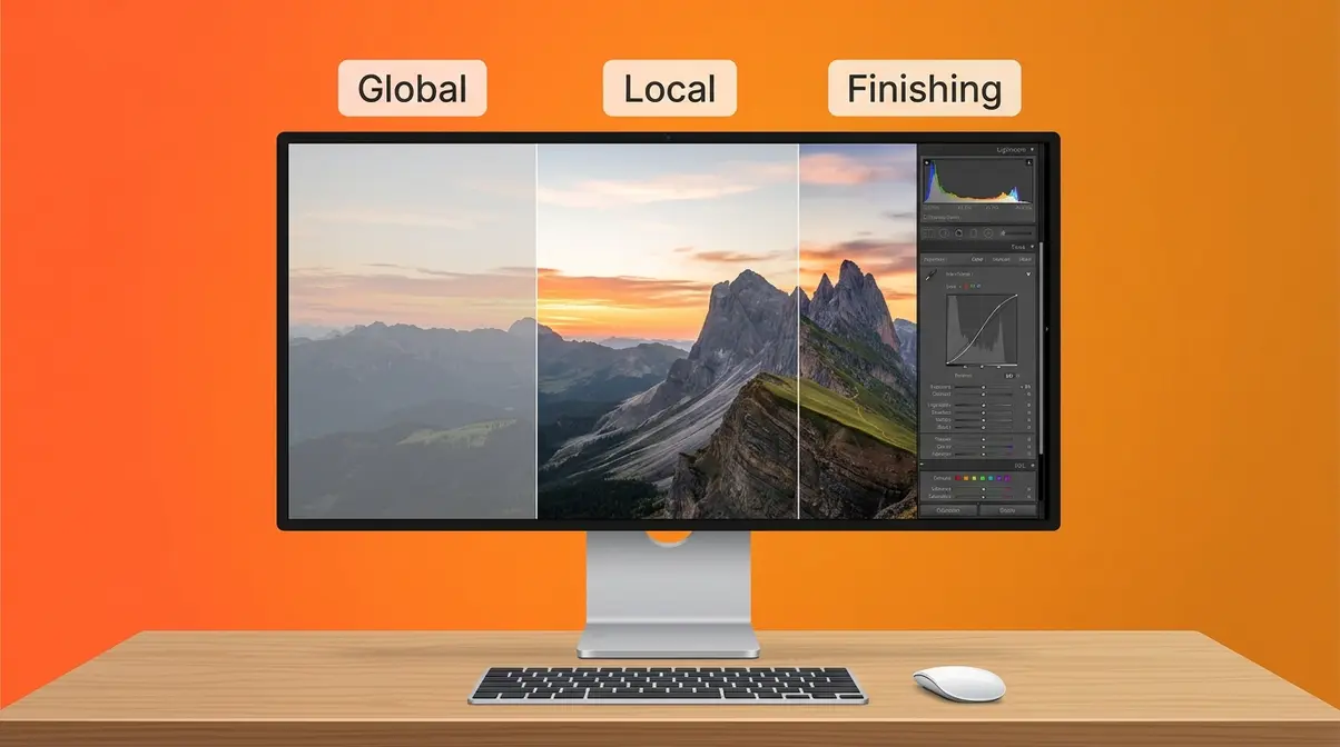 Photo editing workflow showing three phases — global adjustments, local refinements, and finishing — on a monitor