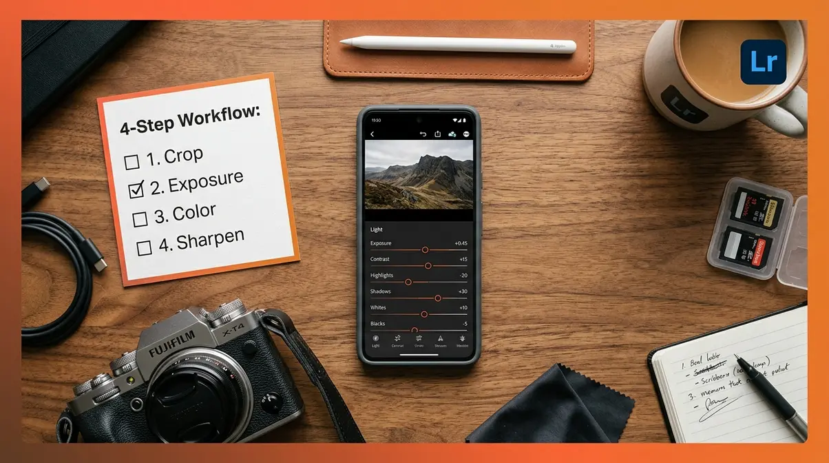 Beginner photo editing workflow setup showing Lightroom Mobile and a 4-step checklist