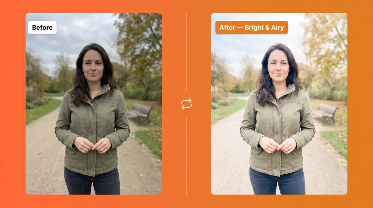 Bright and airy photo editing style before and after example for beginners
