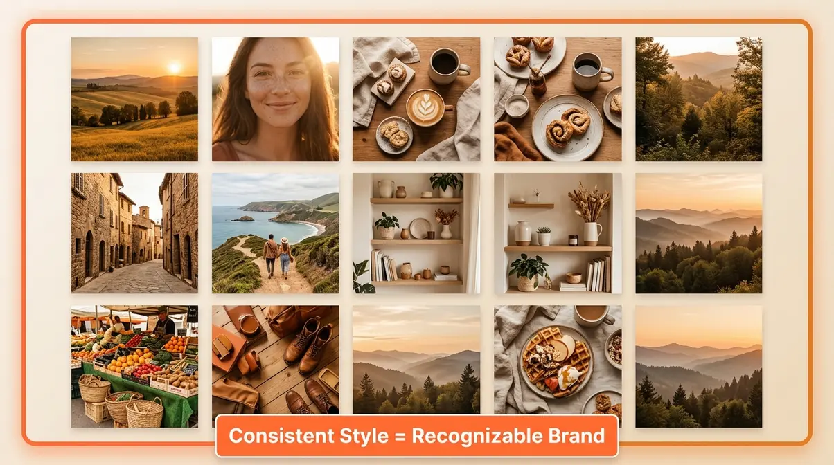 Photography Instagram grid showing consistent editing style across different photo subjects