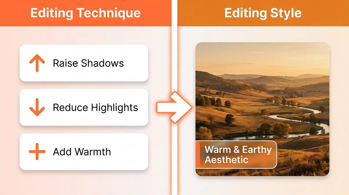 Photo editing styles for beginners explained: techniques vs styles comparison infographic chart