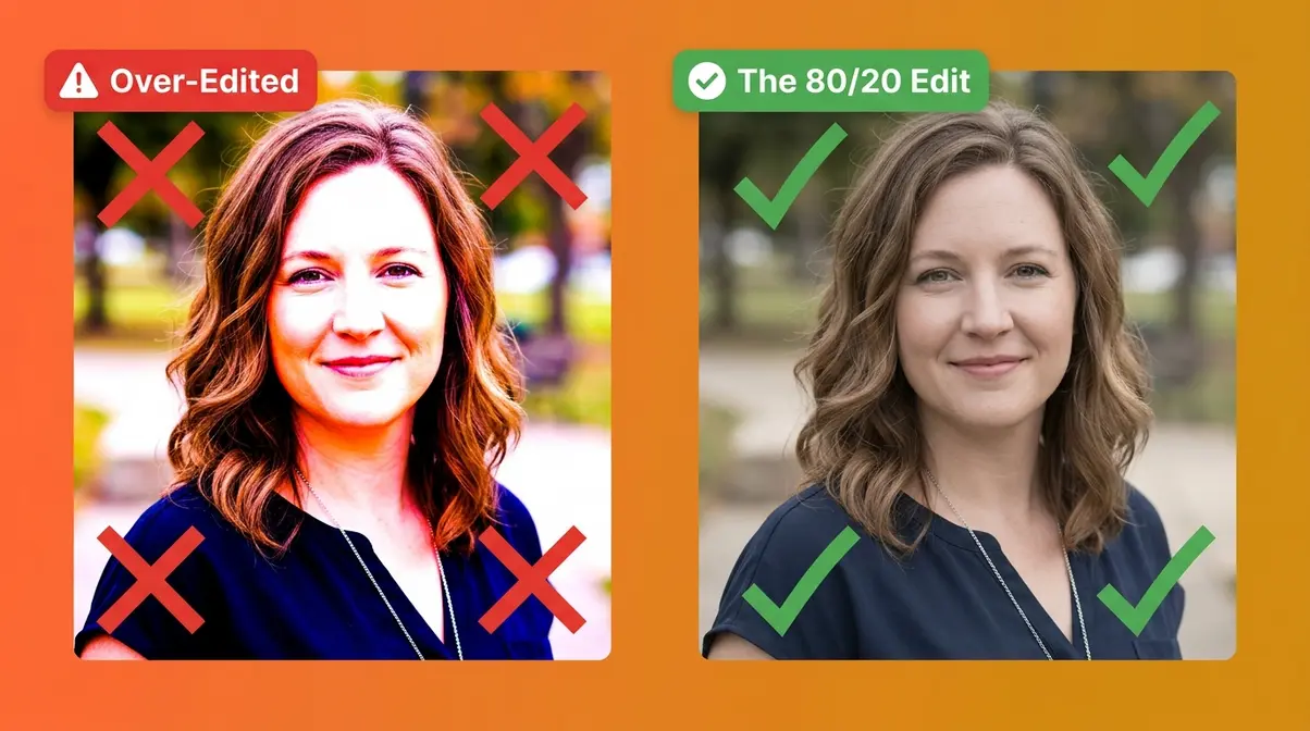 Over-edited photo versus properly edited photo showing the 80/20 edit principle for beginners