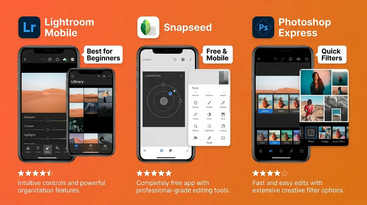 Photo editing software comparison showing Lightroom Mobile, Snapseed, and Photoshop Express for beginners