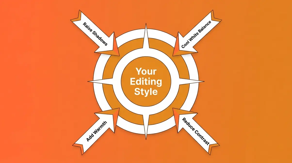 Photo editing styles concept showing techniques pointing toward a final aesthetic destination