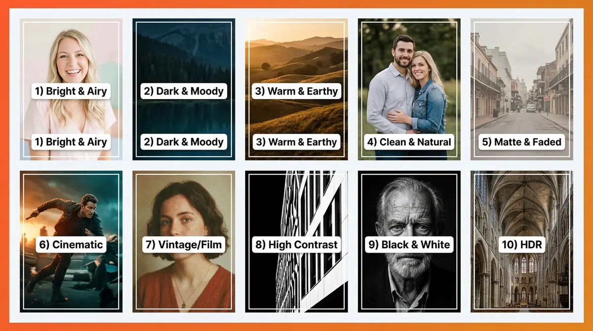 Ten popular photo editing styles shown as a grid of before and after thumbnail comparisons
