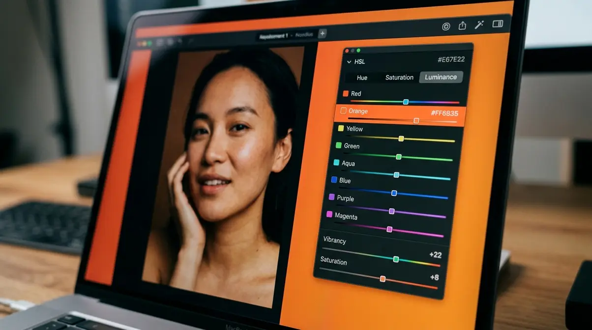 Photo editing HSL panel and vibrancy slider showing color enhancement for a portrait photo