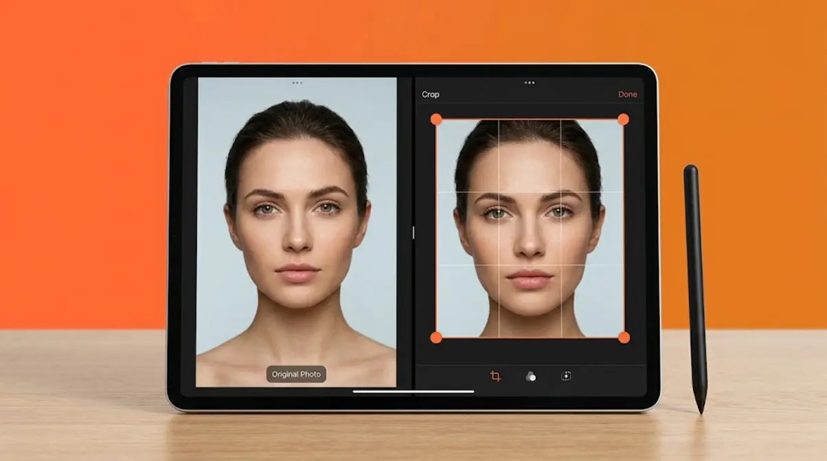 Tablet showing photo crop tool with rule of thirds grid overlay applied to a portrait