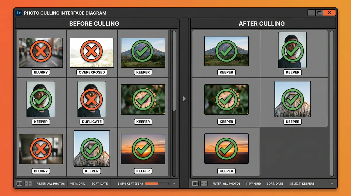 Photo culling grid showing rejected blurry shots flagged and sharp keeper images selected