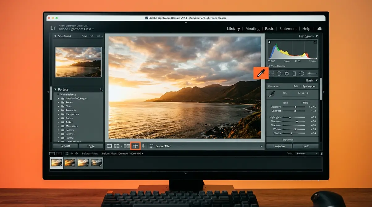 Lightroom Basic panel showing exposure, highlights, shadows, and white balance sliders adjusted