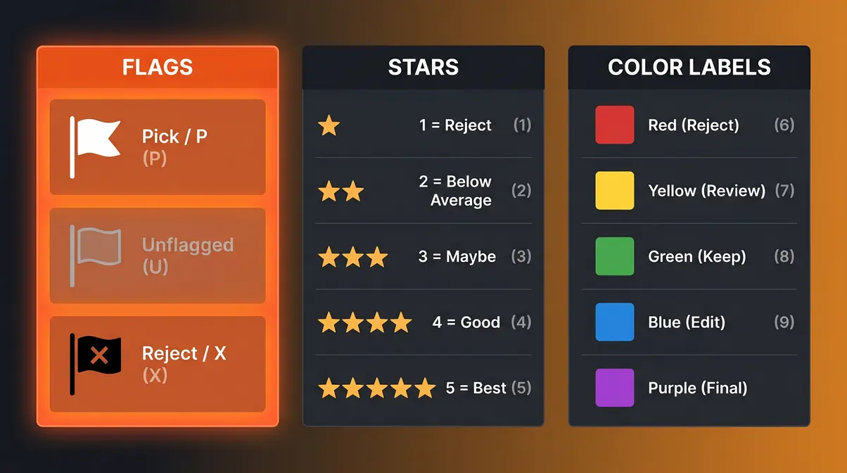Lightroom culling panel showing flag, star, and color label rating options for organizing photos